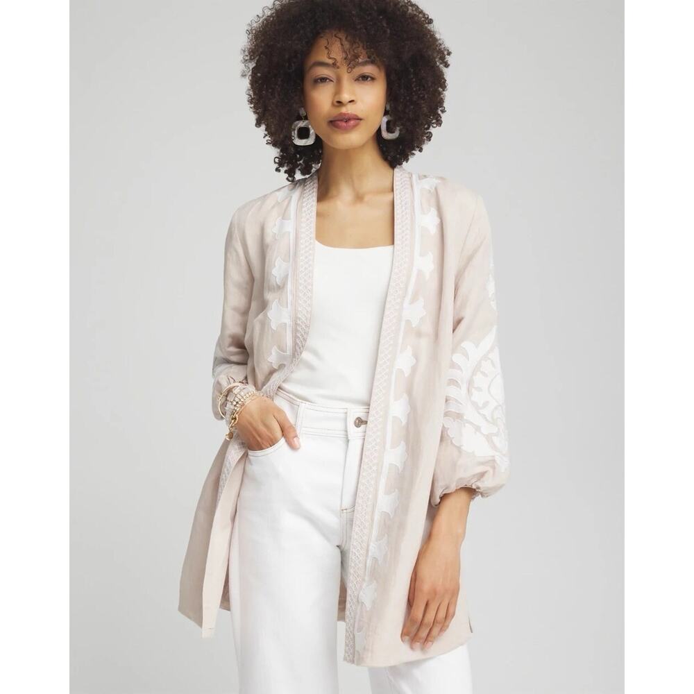 NWOT Chicos Embroidered Linen Blend Topper Size 2.5 / 14 Open Kimono Beige White